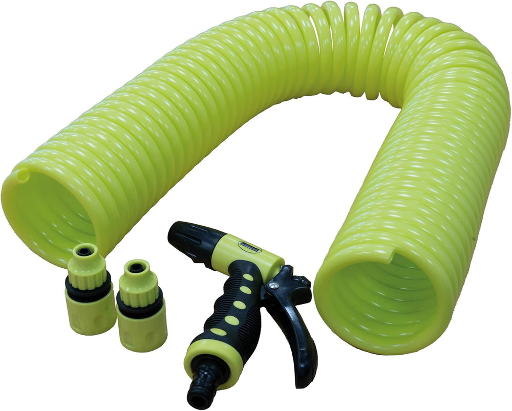 Amig-Turun | Spirale | 15 mètres | Comprend 4 accessoires | Avec pistolet d'arrosage, adaptateur de robinet et 2 raccords rapides | Caoutchouc EVA | Vert pistache