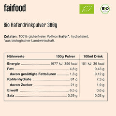 fairfood Bio Haferdrink Pulver 360g - nachhaltige Milchalternative - végétalien, sans gluten et sans huile - jusqu'à 4L Haferdrink - zum Selbermischen - 100% Bio-Vollkornhafer