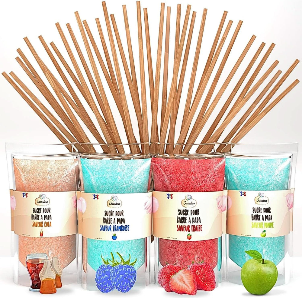 GREENDOSO® Zahăr de vată de zahăr pentru mașina de vată de zahăr (4 x 320 grame) - 4 arome (căpșuni/cola/ zmeură/ mere) + 50 sticks-uri - MADE in FRANCE Naty Shop Default Title