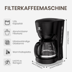 Cafetière filtre 1,25 L pour 10 tasses de café filtre, carafe en verre lavable au lave-vaisselle, thermos, système anti-goutte, arrêt automatique, 600 W, protection contre l'ébullition sans eau pour la maison et le bureau