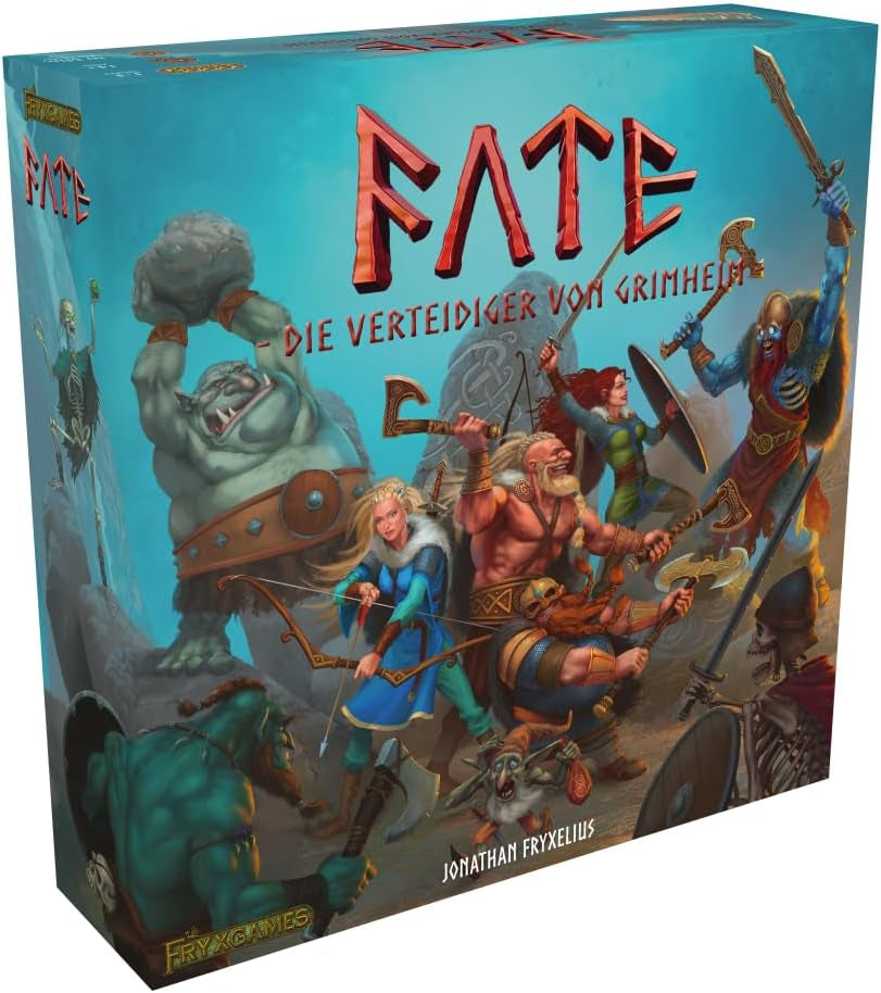 Fate : Defenders of Grimhelm, ELSNER Games, jeu de société coopératif fantastique, stratégie de défense de tour, 1 à 4 joueurs, 14 ans et plus, aventure épique, héros et magie, jeu tactique, FryxGames