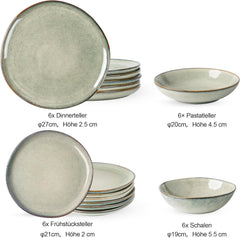 GBhome Service de table en céramique pour 6 personnes, 24 pièces, vernis réactif, fait à la main, passe au micro-ondes et au lave-vaisselle, ensemble de bols et d'assiettes Desret Sage GDW007GY-24P-EU
