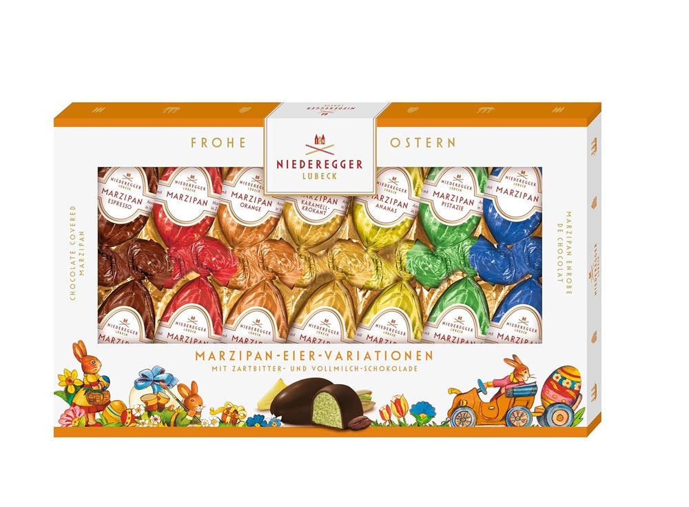 Niederegger | Ouă de marțipan | 1 x 175g | Variante: Clasic, Ciocolată cu lapte, Portocală, Caramel Crunch, Ananas, Espresso și Fistic | Învelite în ciocolată neagră și cu lapte | Cadou de Paște