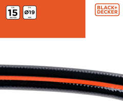 Tuyau d'arrosage BLACK+DECKER 15 mètres - Ø19MM - PVC résistant - Arrosage du jardin, lavage de la voiture, remplissage de la piscine - Compatible avec tout robinet standard - Noir/Orange