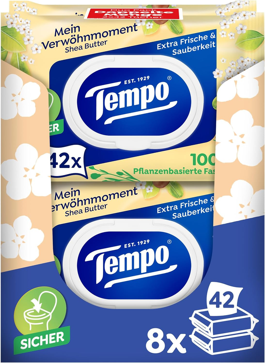 Șervețele igienice umede Tempo Avocade & Shea Butter, 16 pachete, megapack, 8 bucăți, 42 de șervețele