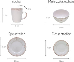 CreaTable, 23601, Série Romantic Vintage, Service de table 16 pièces pour 4 personnes, Service combiné en porcelaine, Passe au lave-vaisselle et au micro-ondes, Fabrication de qualité