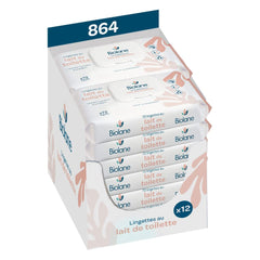 BIOLANE - Lot de 12 - Lingettes humides bébé au lait de toilette - Bébés - 864 Lingettes humides bébé - Nettoie et hydrate - Pour peaux sensibles - 98% d'origine naturelle - Dès la naissance
