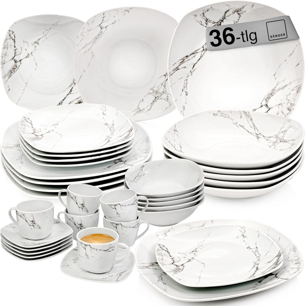 SANGER | Service de table combiné en marbre Bilgola, service de table 36 pièces pour 6 personnes avec assiettes plates, assiettes à dessert, assiettes Suma, bols à céréales, assiettes à café et soucoupes en porcelaine, carré | LA COLLECTION PREMIUM