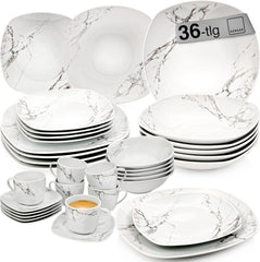 SÄNGER | Set de veselă combinat Bilgola din marmură, set de veselă cu 36 de piese pentru 6 persoane, cu farfurii de cină, farfurii de desert, farfurii de sumă, boluri pentru cereale, farfurii de cafea și farfurioare din porțelan, pătrat | COLECȚIA PREMIUM