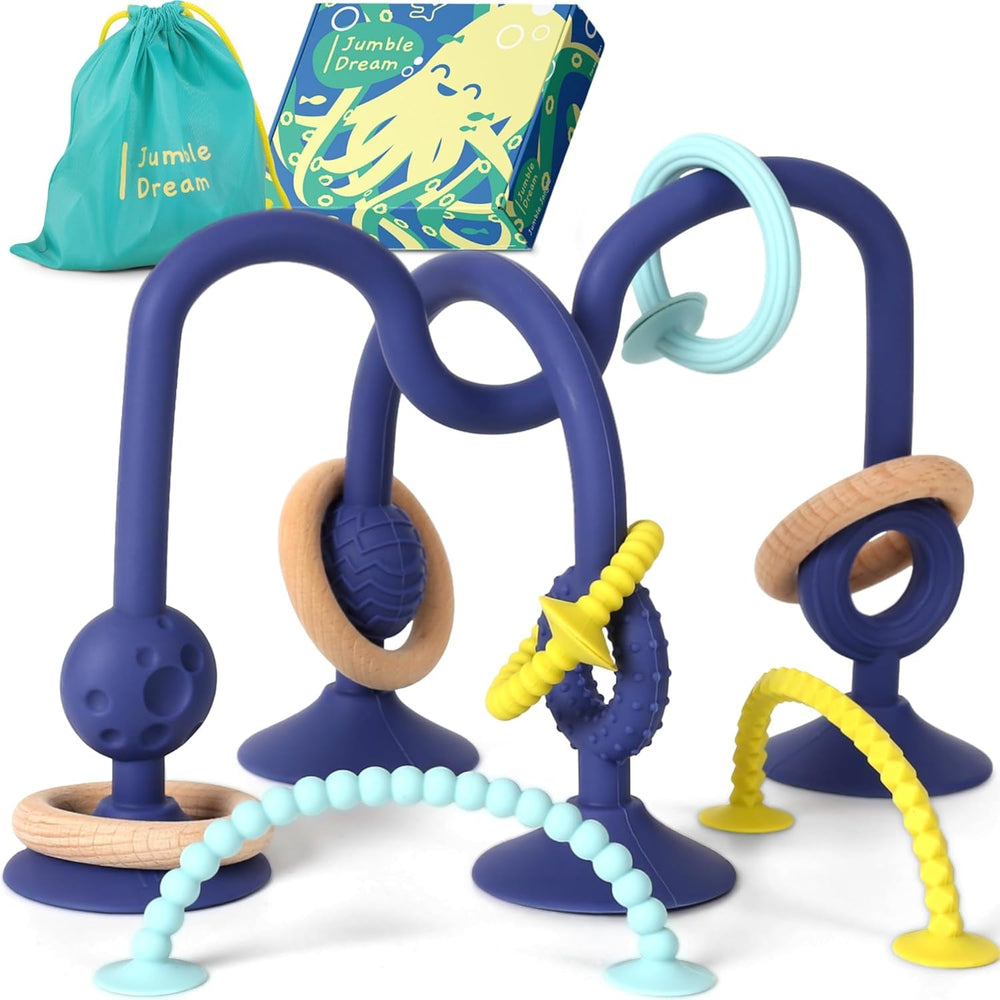 JUMBLE JANGLE Anneau de dentition pour bébé : jouet de dentition pour bébé de 3 à 24 mois | Ensemble de 7 jouets à mâcher sans BPA | Anneau de dentition en silicone rafraîchissant | Jouet pour tout-petit avec ventouse pour chaise haute, table et baignoire