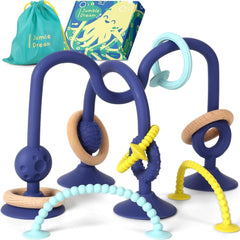 JUMBLE JANGLE Anneau de dentition pour bébé : jouet de dentition pour bébé de 3 à 24 mois | Ensemble de 7 jouets à mâcher sans BPA | Anneau de dentition en silicone rafraîchissant | Jouet pour tout-petit avec ventouse pour chaise haute, table et baignoire