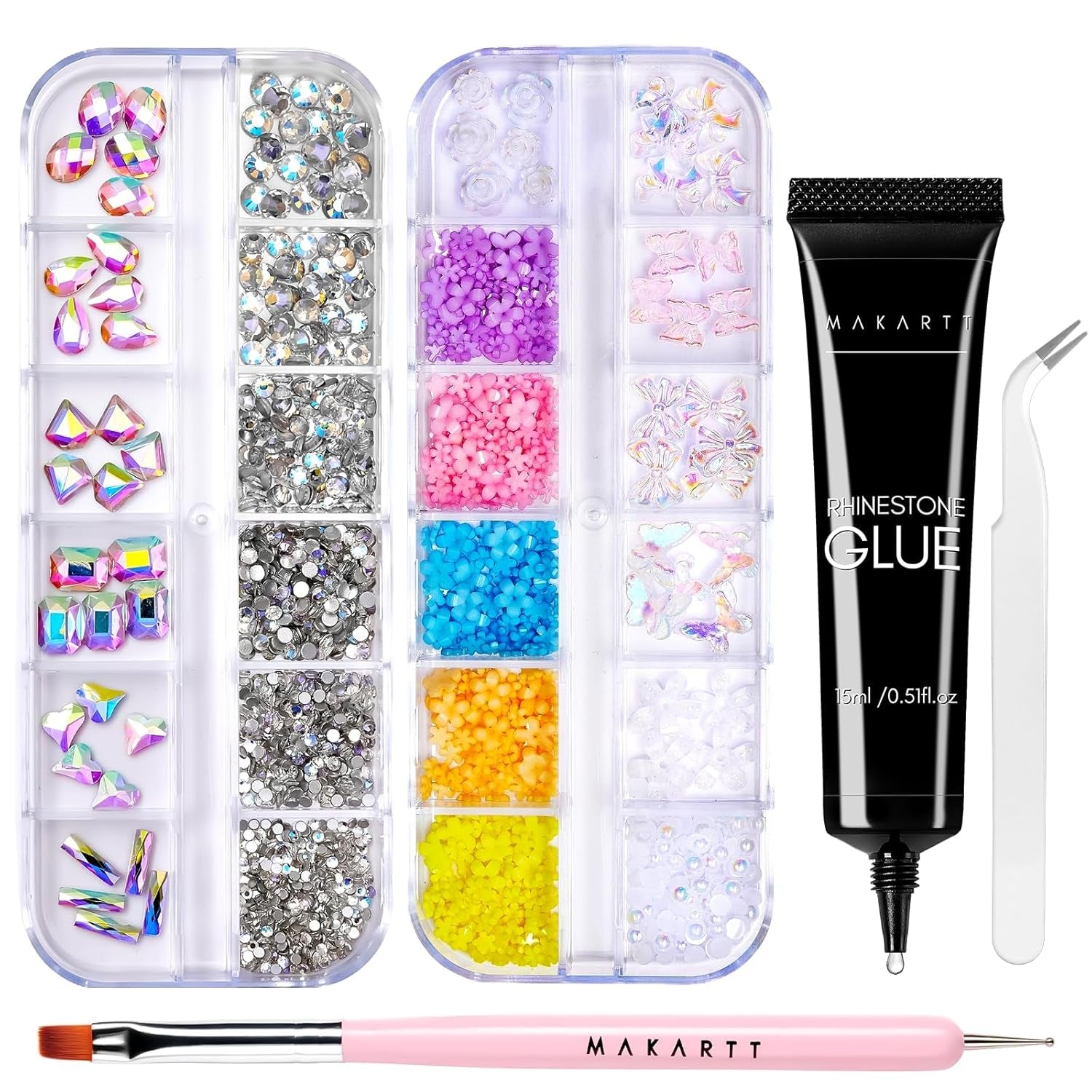 Gel adeziv pentru strasuri Makartt - Set de adeziv UV pentru unghii 15ml cu brelocuri roz pentru unghii, bijuterii pentru unghii în formă de inimă și cerc și accesorii pentru designul unghiilor, pentru manichiură acasă, cadou de Ziua Îndrăgostiților