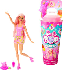 Barbie Pop Reveal Fruit - Poupées surprises avec 8 surprises fruitées, dont une poupée positionnable parfumée à la limonade aux fraises et un chiot moelleux, à partir de 3 ans, HNW41