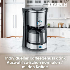 Machine à expresso SEVERIN "TypeSwitch" avec carafe thermique, AromaSwitch pour choisir entre 2 profils de distribution, machine à café jusqu'à 10 tasses, 1000W, acier inoxydable brossé-noir, KA 4845