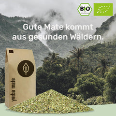 Thé Yerba Mate BIO 1 kg ● Original ● Mûr ● Non torréfié ● Séché à l'air ● Sans fumée ● Sans plastique ● Commerce équitable ● Thés maté à base de feuilles de maté, de morceaux de maté et de poudre de feuilles de maté ● DE-ÖKO-006