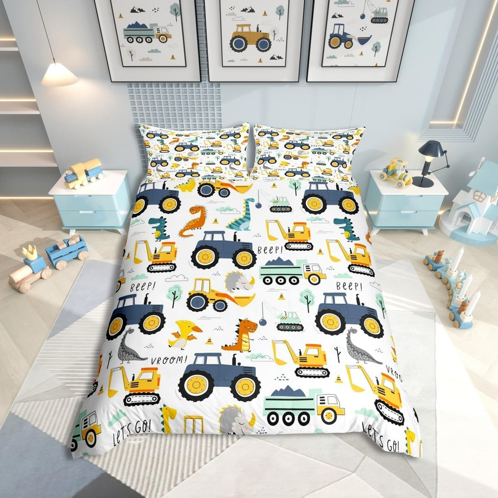 Jungen Cartoon Auto Bedtuchen Set 135X200,Kinder Bau Fahrzeuge Tröster Abdeckung Für Kind Kleinkind Teens,Dinosaurier Bettbezug,Traktor Maschinerie Bagger Bettdecke Abdeckung,Lkw Autos Bedtuchen Naty Shop Multi 15 135*200+80*80*1