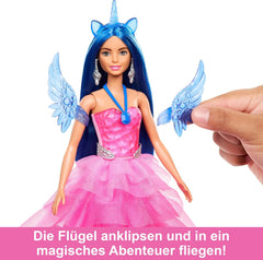 Barbie Ein verborgener Zauber - Puppe mit Einhorn, pinkfarbenes Kleid mit Saphirblauen Details, Einhorn-Stirnband, abnehmbare Saphirflügel und Schwanz, für Kinder ab 3 Jahren, HRR16