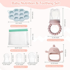 Mangeoire à lait maternel pour bébé, mangeoire à fruits, contient 2 mangeoires à fruits en silicone, stockage des aliments pour bébé, jouet de dentition pour bébé, 5 tétines en silicone en 3 tailles, sans BPA (bleu et rose)