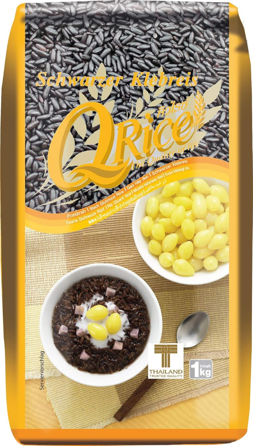 Q RIZ | Riz gluant noir à grains longs de Thaïlande | Aromatique avec une délicate note de noix | Idéal pour les desserts au curry, sushi et mochi | 1x1kg
