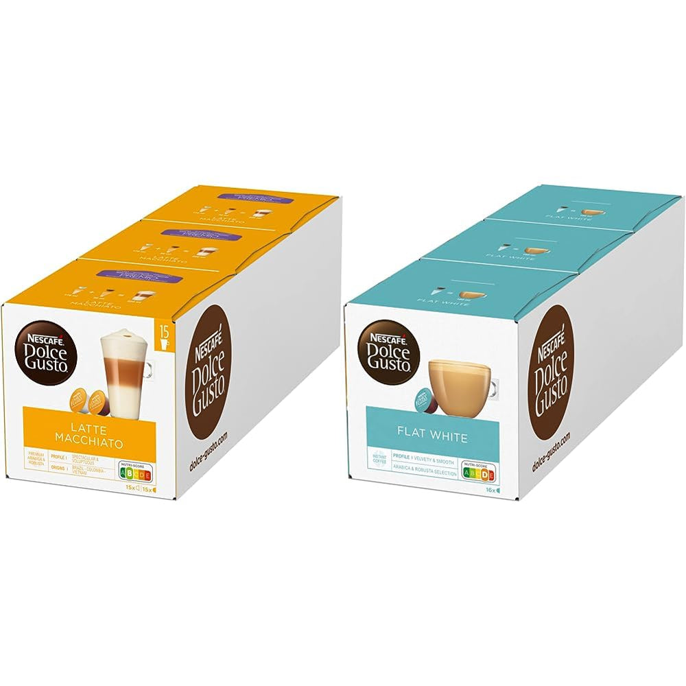 NESCAFÉ Dolce Gusto Latte Macchiato Vorratsbox 90 capsules de café & Flat White, 48 capsules de café, Arabica et Robusta Bohnen