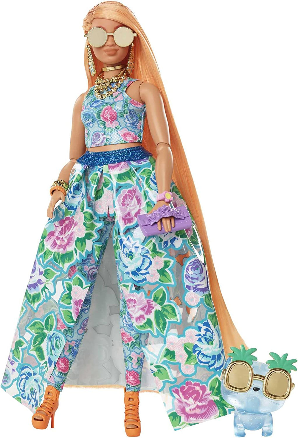 Barbie Extra Fancy, kurvige Langen erdbeerblonden Hair, zweiteiliges Outfit, Blaue Katze, rosa Handtasche, Ananas-Sonnenbrille, inkl Puppe, as Geschenk geeignet,HHN14