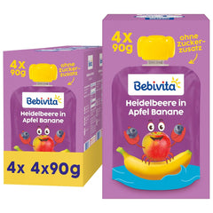 Sachets compressibles myrtilles, pommes et bananes - 16 (4 paquets, 4 x 90 g chacun), sans sucre ajouté, sans gluten, idéaux pour les plats à emporter et les collations à emporter