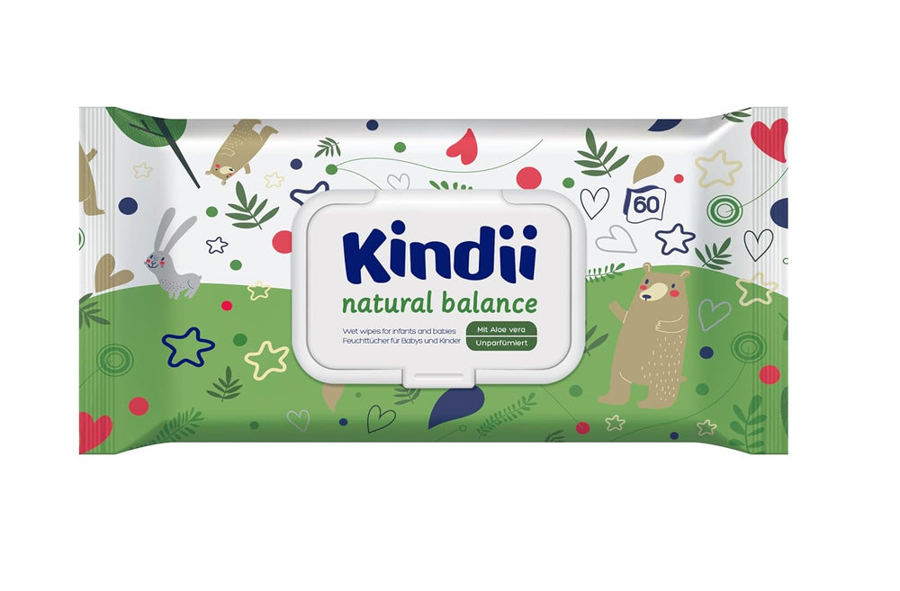 Lingettes humides Kindii Natural Balance pour bébés – (1 x 60 pcs.) Lingettes humides pour bébés et enfants – Protectrices, Aloe Vera, Parfum délicat – 60 pcs.