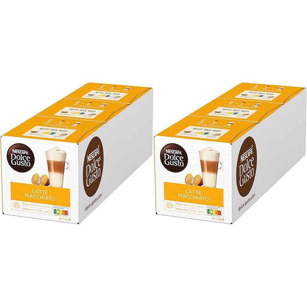 NESCAFÉ Dolce Gusto Latte Macchiato, 48 capsules de café, expresso aromatique, 3 étapes - Köstlichkeit aus feinem Milchschaum, capsules de gel aromatique, paquet de 6 (3x16 capsules)