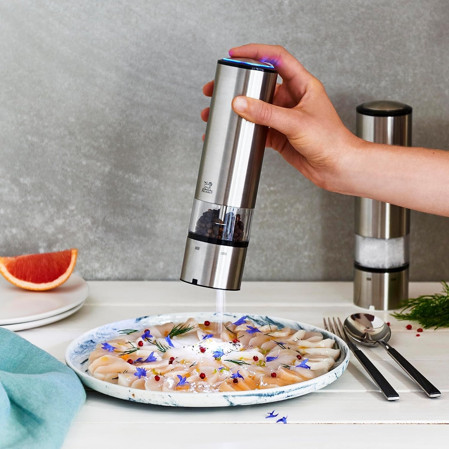 PEUGEOT Elis Sense set râșniță electrică piper/sare, înălțime: 20 cm, oțel inoxidabil, argintiu Rasnite si Feliatoare Naty Shop