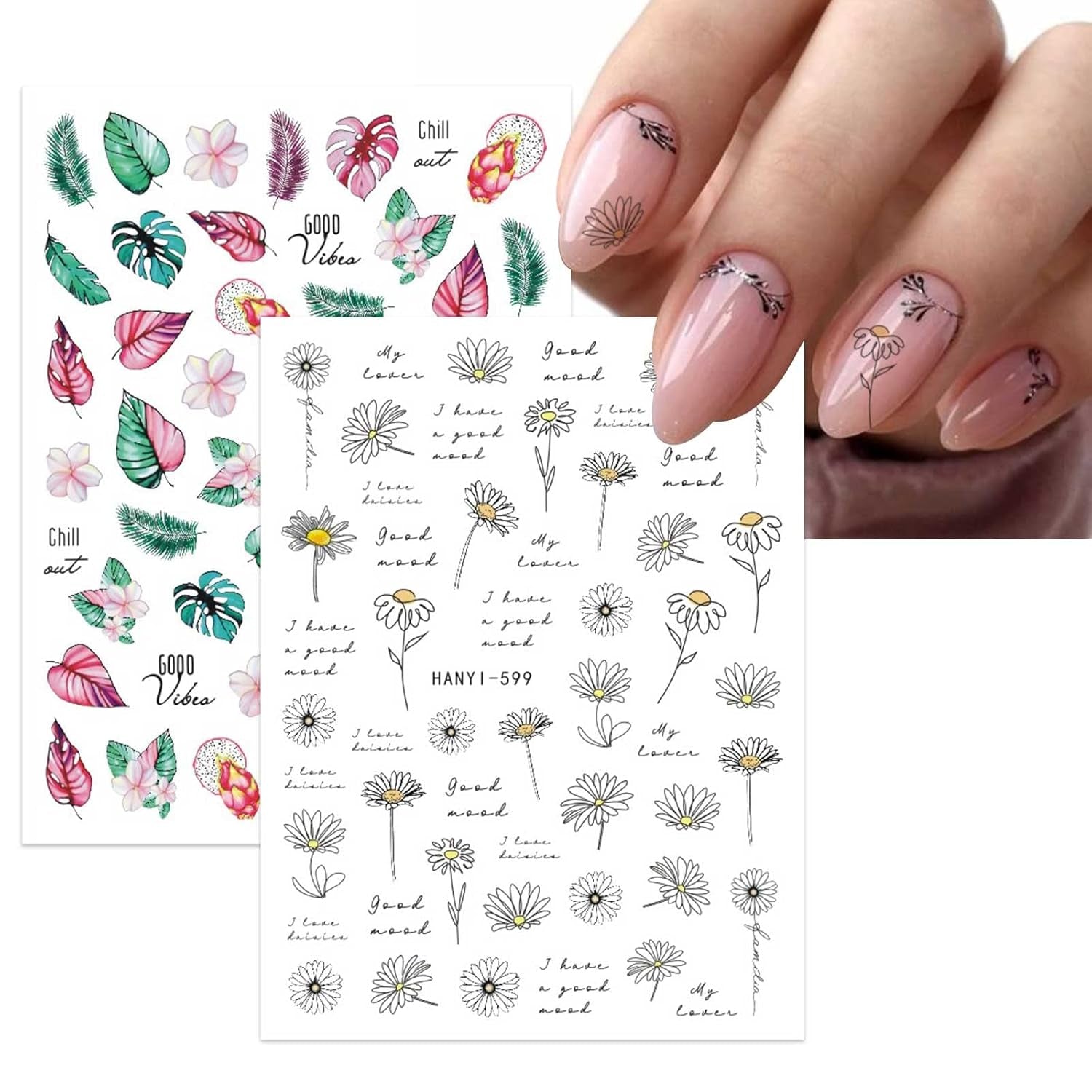 JMEOWIO Nagelsticker Frühling Blumen 10 Blatt Nail Art Sticker Selbstklebend Nagelaufkleber Buntes Sommer Blumen Dekoration Nageldesign Zubehör