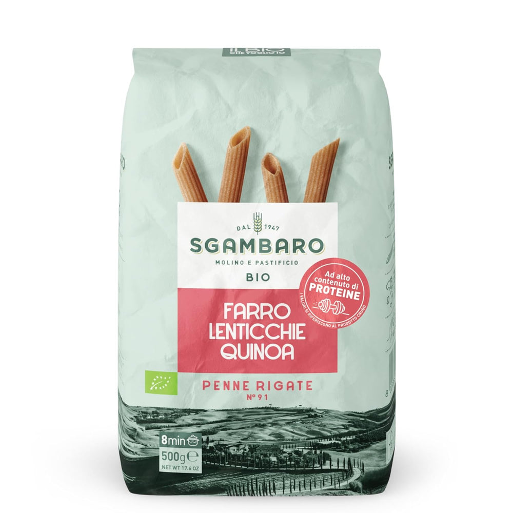 Pâtes Penne Rigate Bio N.91 - 500g à la farine d'épeautre, farine de lentilles et farine de quinoa - Riches en protéines, source de fibres et de protéines