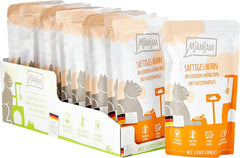 MjAMjAM - Hrană umedă premium pentru pisici - pungă compresibilă - pui suculent cu morcovi delicioși, pachet de 12 (12 x 125 g), fără cereale cu carne suplimentară