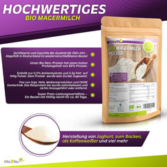 Vita2You Bio Lait écrémé en poudre 1000g - 100% Bio Qualität - pour la pâtisserie - Kaffeeweißer - Milchpulver für Joghurts - 1kg - Premium Qualität