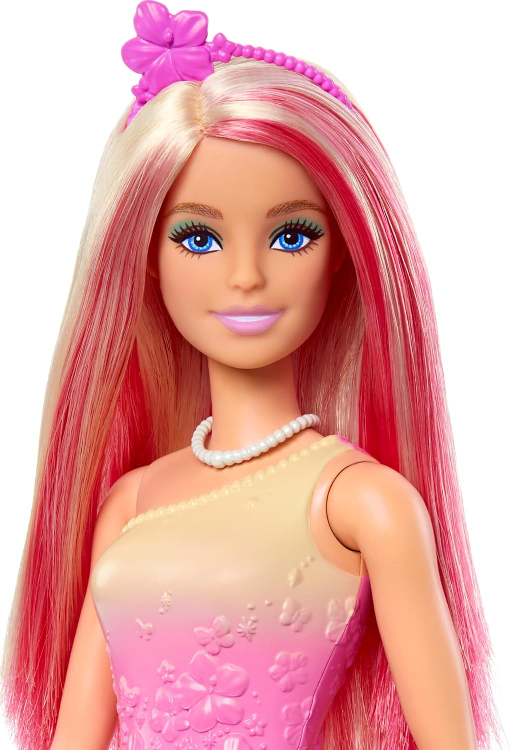 Păpușă Barbie Royal cu păr fantezist blond și roz, accesorii colorate, top roz cu gradient și fustă cu model fluture, HRR08 Papusi Naty Shop