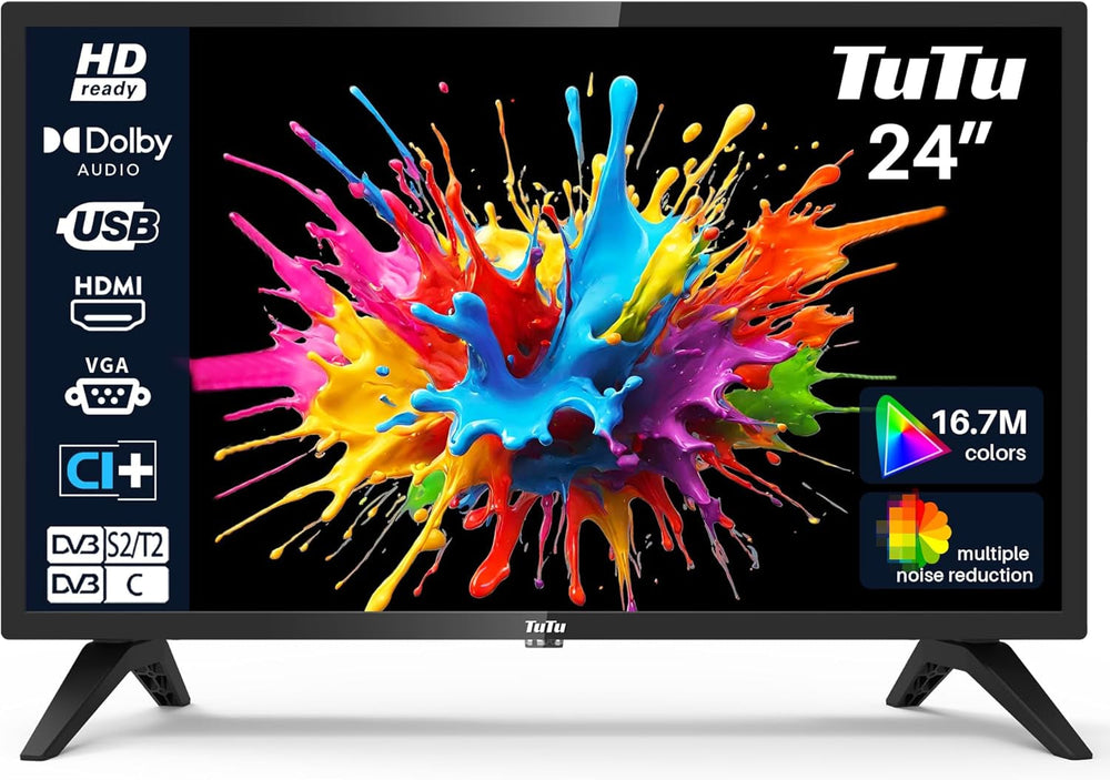 TuTu HD LED TV 24 pouces (60 cm) avec triple tuner (DVB-T/T2-CS/S2), lecteur multimédia USB, HDMI, VGA, CI/CI+, mode hôtel (2024, 220 volts)
