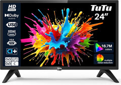 TuTu HD LED TV 24 pouces (60 cm) avec triple tuner (DVB-T/T2-CS/S2), lecteur multimédia USB, HDMI, VGA, CI/CI+, mode hôtel (2024, 220 volts)
