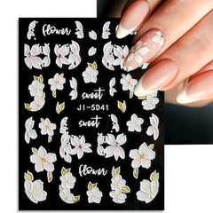 JMEOWIO Autocollants de manucure 3D pour ongles, fleurs, autocollants pour nail art, autocollants auto-adhésifs, bandes stéréoscopiques 5D, décoration de fleurs d'été, design de manucure, 4 feuilles
