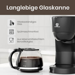 Cafetière filtre 1,25 L pour 10 tasses de café filtre, carafe en verre lavable au lave-vaisselle, thermos, système anti-goutte, arrêt automatique, 600 W, protection contre l'ébullition sans eau pour la maison et le bureau