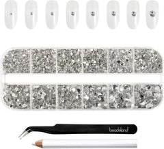 Beadsland 2500Pcs Glas Nailart Strasssteine Kristall Flatback Edelsteine Runde, Für Handwerk Gemischt 8 Größen SS4 ~ SS30 Mit Picking Pinzette Und Stift (Kristall Weiss)
