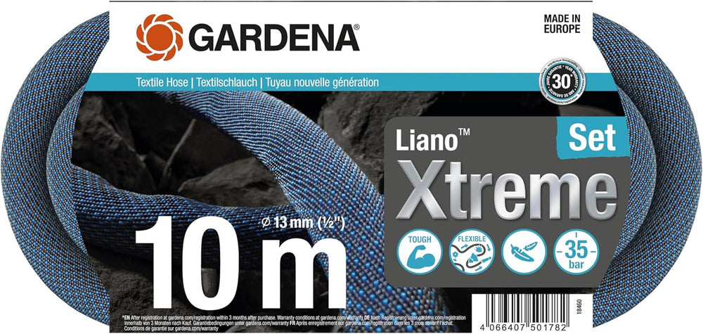 Gardena Liano Xtreme 1/2" 10 m Set : Tuyau d'arrosage textile extrêmement robuste pour robinetterie intérieure avec tuyau intérieur en PVC léger et résistant aux intempéries (18460-20)