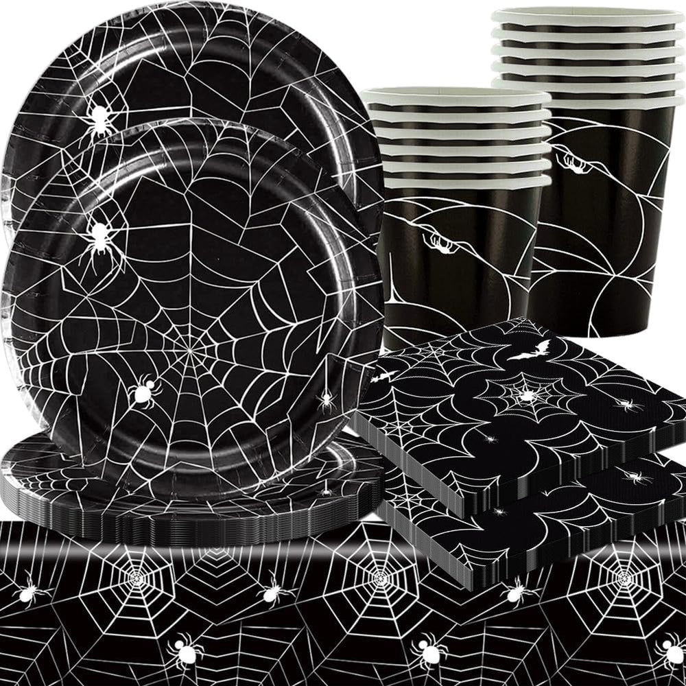 Ensemble de couverts en papier Halloween Spider de 49 pièces comprenant des assiettes, des serviettes, des verres et une nappe. Vaisselle noire avec assiettes à dessert, serviettes et verres.