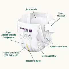 Couches pour bébé Bambo Nature, taille 1 (2-4 kg), boîte mensuelle de 132 unités | Couches haut de gamme avec protection améliorée contre les fuites | Confort et liberté ultimes pour les nouveau-nés | Couches testées dermatologiquement