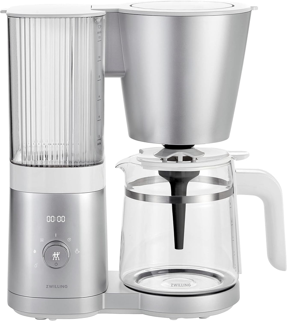 ZWILLING ENFINIGY Machine à expresso à filtre avec carafe en verre de 1,5 L, machine à expresso avec chaudière en acier inoxydable, fonction Blooming et détartrage intelligent, plastique, argent