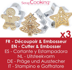 SCRAP COOKING 2093 Set de pâtisserie avec coupe-chat en acier inoxydable et gaufrier en bois adapté au contact alimentaire de Noël