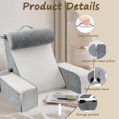 Grand oreiller de lecture pour lit et canapé, oreiller de dos pour adulte avec support de cou et accoudoirs, oreiller de dossier ergonomique avec poche et housse lavable pour se reposer, lire, regarder la télévision (WH)