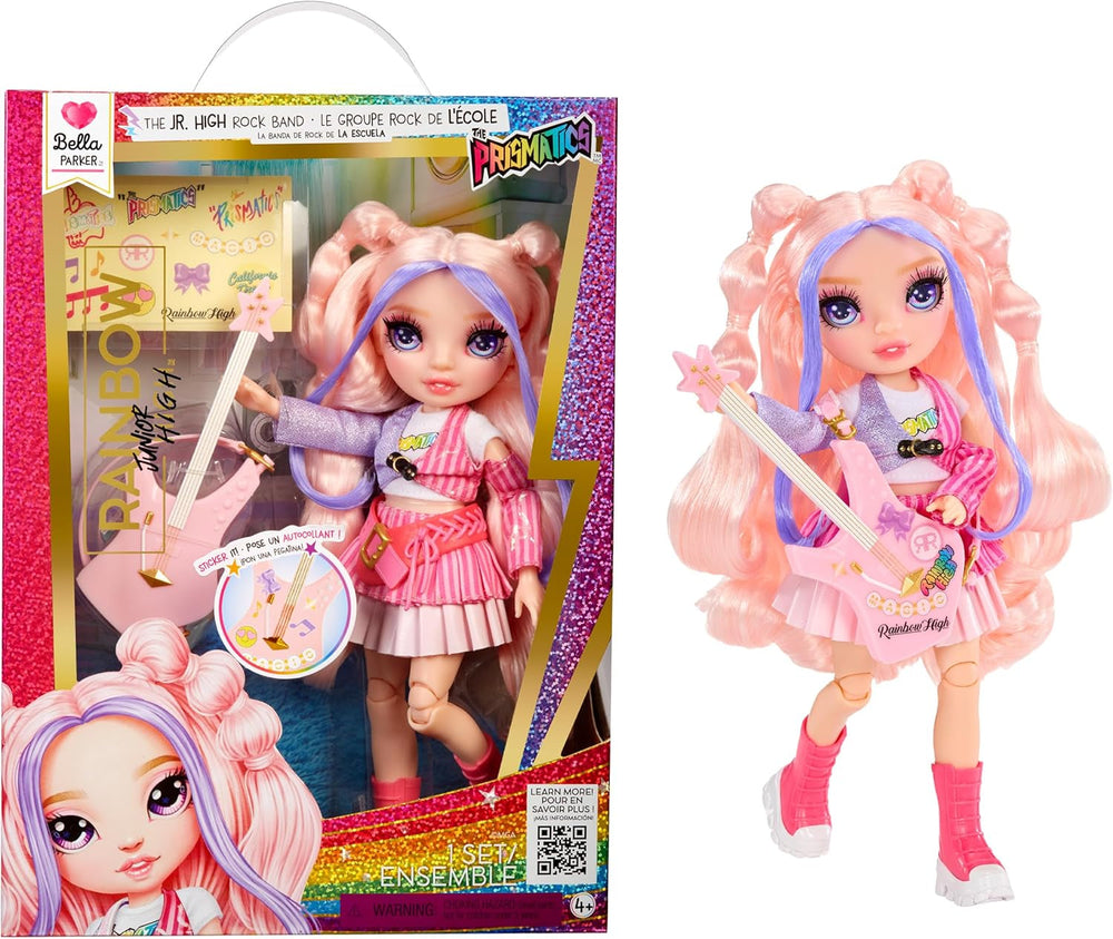 Rainbow High Junior High Rock Band - Bella, Pink - 23 cm Modepuppe mit Bassgitarre, Individuell mit Aufklebern Gestaltbar, Beweglich, Süßes Spielzeug für Kinder ab 4 Jahren