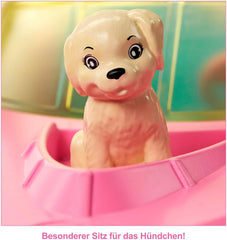 Barbie Speedboat Set, Barbiepuppe mit blonden Haaren, rosa Schwimmweste, Boot, Welpe, Zubehör, Geschenke für Kinder ab 3 Jahren, GRG30