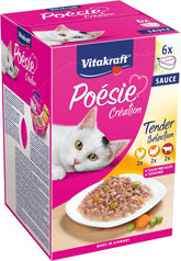 Vitakraft Poésie Création, Tender Selection, Hrană umedă pentru pisici, Hrană umedă pentru pisici în sos, cu pui, cu curcan, cu vită, fără adaos de zahăr și cereale (1 pachet de 6 x 85g)