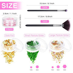 24 Farben Glitzer Set Mit Blattgold Und Glitzerpulver, Nageldesign Zubehör Pailletten Basteln Nail Art Glitter Mit Pinsel Für Nägel Gesicht Körper DIY Nagelkunst Make Up