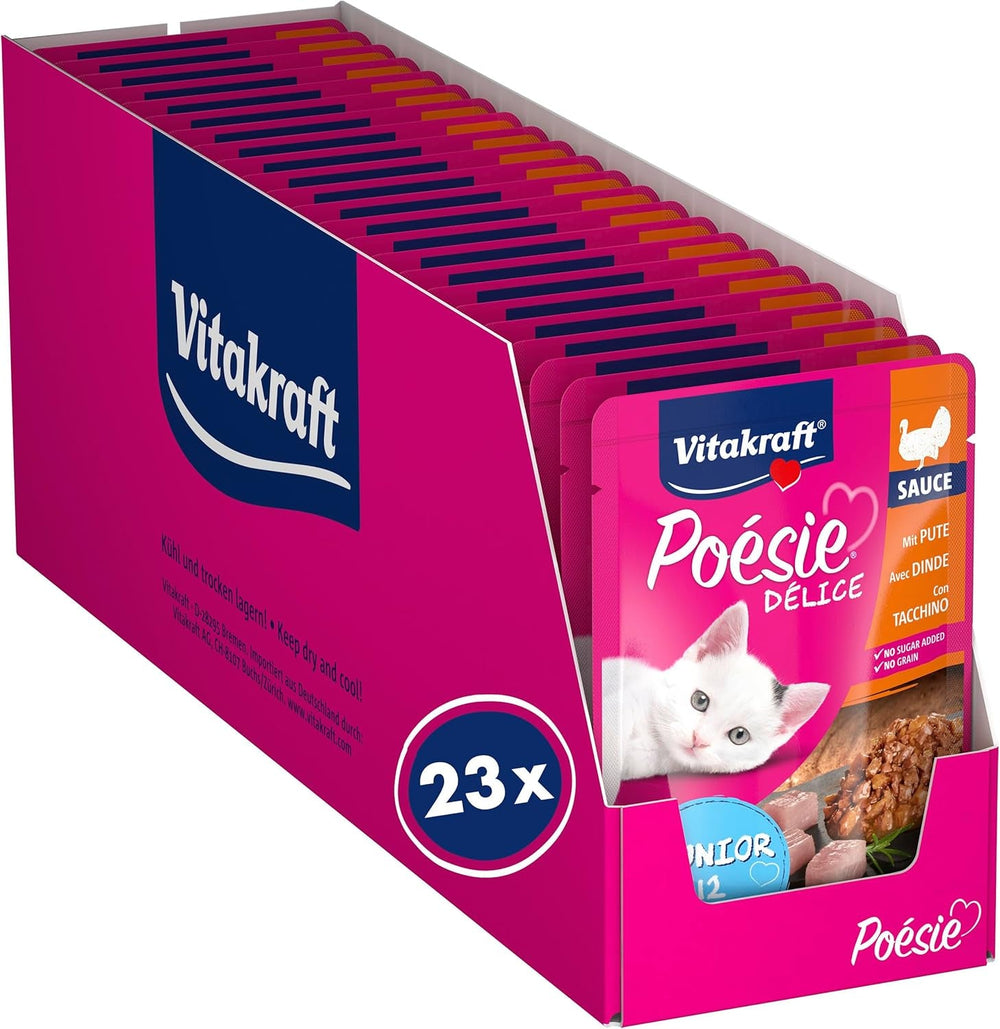 Vitakraft Poésie Délice, Junior, Hrană umedă pentru pisici, Hrană umedă în sos, cu curcan, Pachet multiplu, pentru pisici tinere, Fără zahăr adăugat sau cereale (23 x 85g)